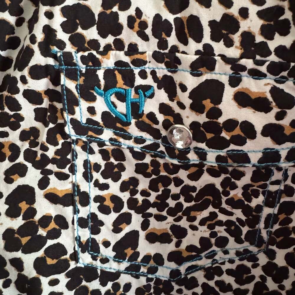 Cowgirl Hardware Leopard Print Western Button-Up Shirt with Teal Embroidery Med - Picture 6 of 12